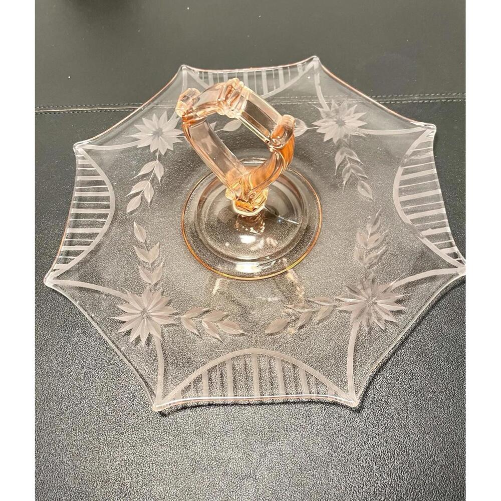 Lancaster 1930s Pink Depression Glass Etched Handled Tray Elegant Floral Octagon